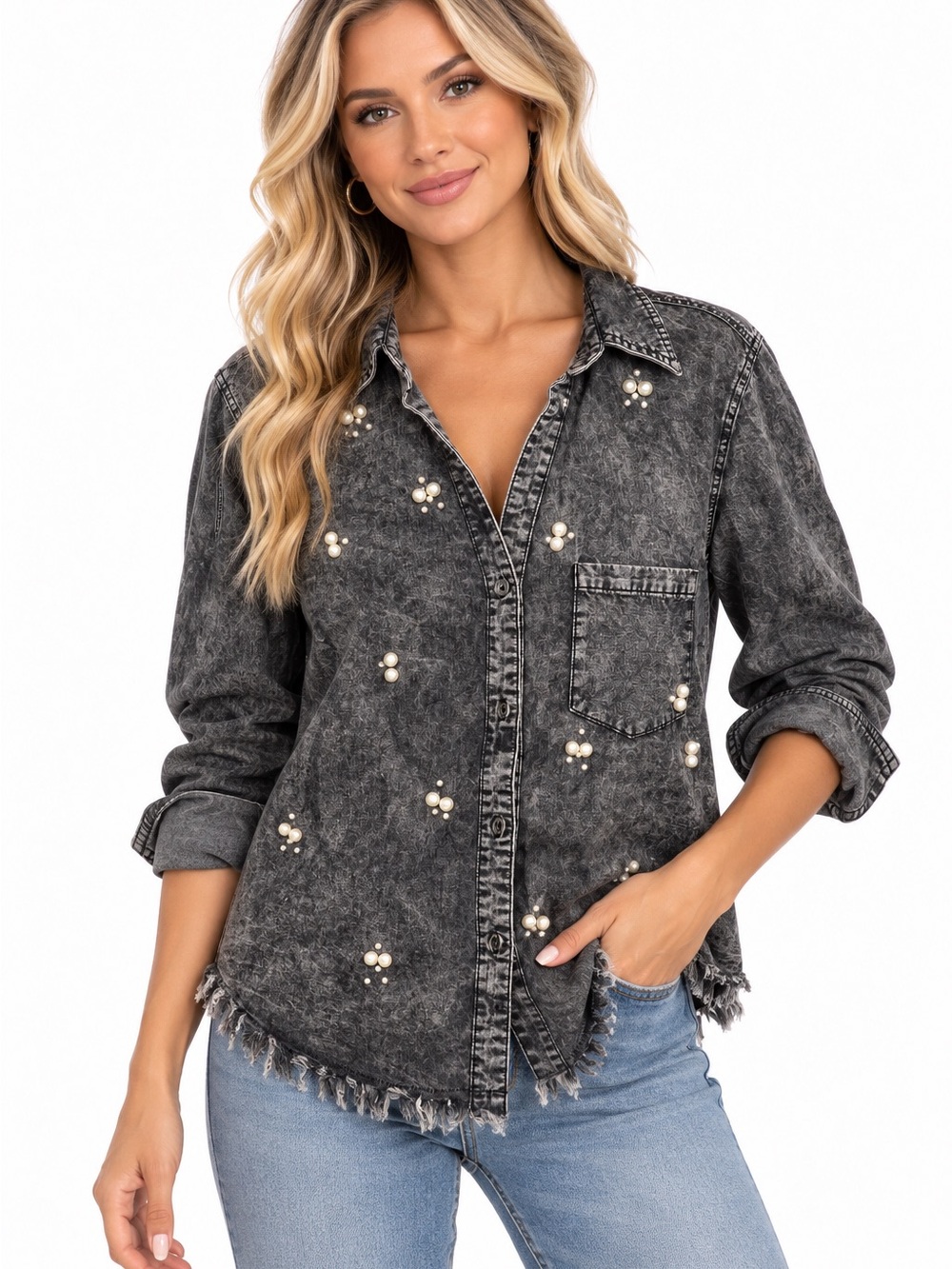 Sweet Rain Washed Black Pearl-Embellished Button-Up Shirt Womens Size Medium